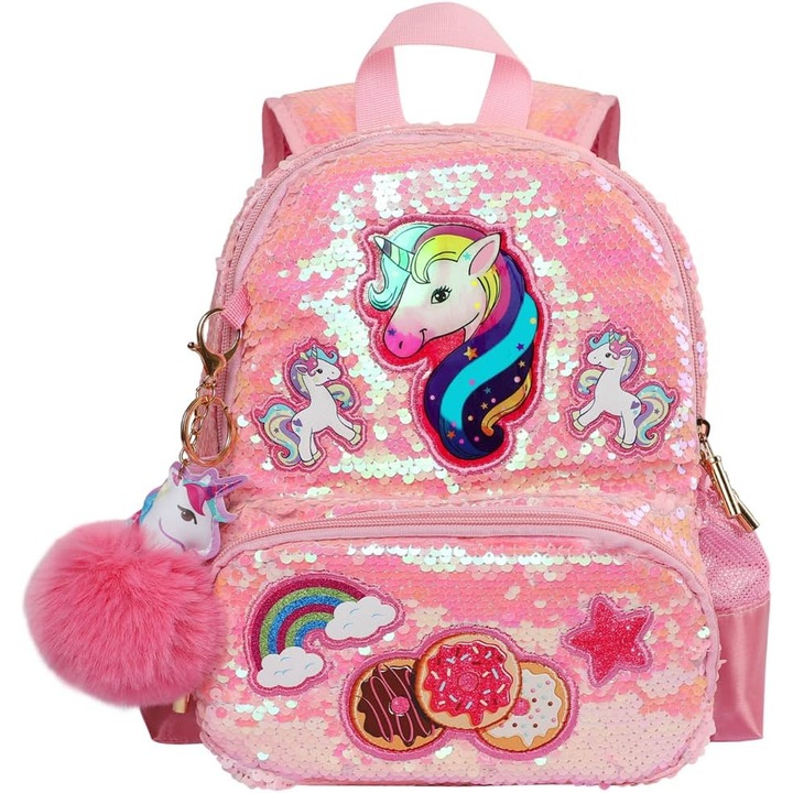 Ghiozdan pentru scoala fete, model unicorn, Ghiozdan scolar pentru gradinita si scoala primara, Cadouri de Craciun si de ziua de nastere, 34x26x11cm, pentru varsta 6-12 ani, Roz