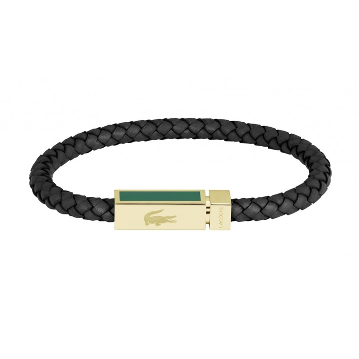 Bratara barbati Lacoste, piele si otel, negru/aurit, 19cm