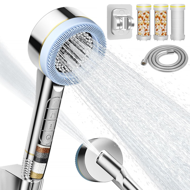 Cap de dus de inalta presiune, Bedee, 4 moduri ajustabile, cu suport fara gaurire, furtun de 1, 5 m si 4 elemente filtrante, plastic cromat, cu perie de masaj/nivele de filtrare, Negru