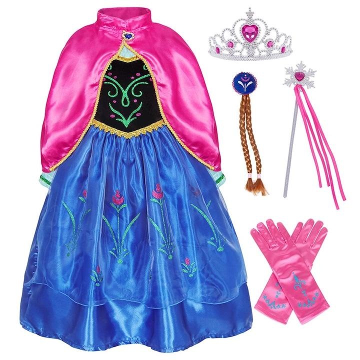 Costum de carnaval Printesa Anna de Gheata, inclusiv rochie si accesorii, pentru Ziua Copilului, Halloween, Carnaval, Paste, Ziua Indragostitilor, poliester/bumbac, albastru, varste 5-6 ani, 120 cm