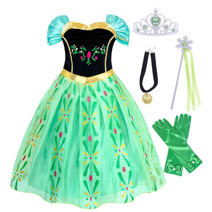 Rochie Printesa Anna, tinuta de seara si accesorii, pentru Ziua Copilului, Halloween, Carnaval, Paste, Ziua Indragostitilor, poliester/bumbac, albastru, varste 5-6 ani, 120cm