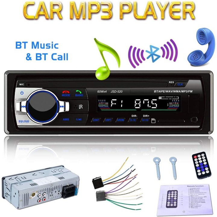 Autórádió FM sztereó és MP3 audio lejátszó beépített Bluetooth telefon funkcióval, USB, SD és MMC interfészekkel és DIN ISO interfésszel