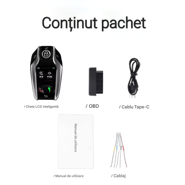Cheie Auto Smart CerCip SK01S, Argintiu, DEBLOCARE USI DIN TELEFON, Ecran LCD cu touch, 4 Butoane, Activare Keyless Entry, Deschidere si inchidere automata usi, Inchidere automata geamuri, Programare portbagaj, Universala, Logo