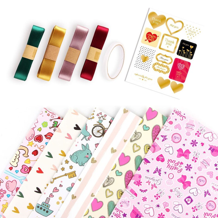 Комплект от 6 листа опаковъчна хартия за подаръци, 6 различни модела на принт, BOMSTOM, 50x70 см, с 1 двойнозалепваща лента, 1 стикер, 2 ролки панделка, Многоцветен