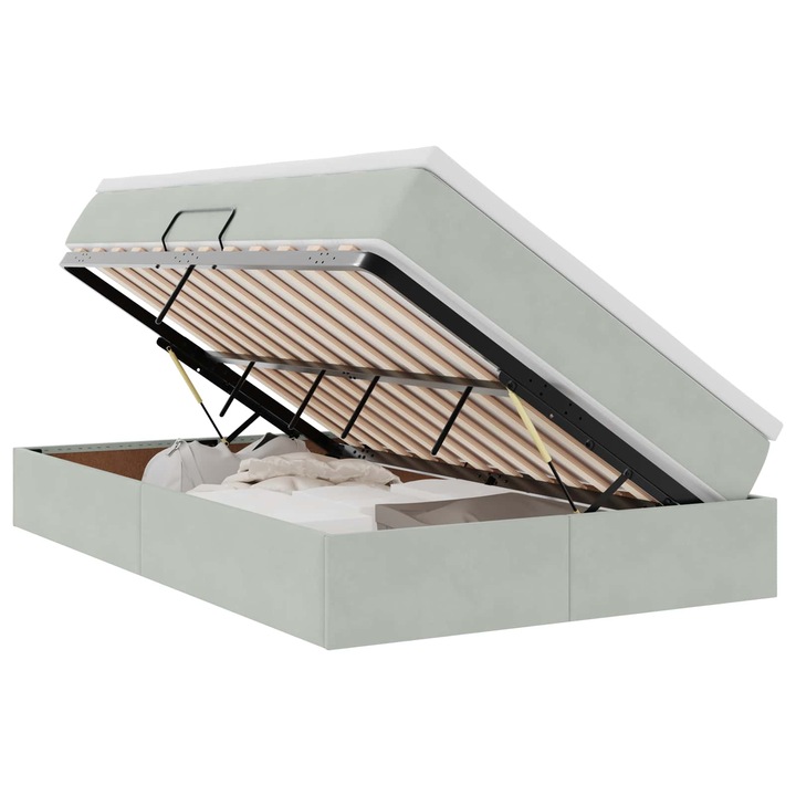 Pat cu saltea, depozitare vidaXL, gri deschis, 120x190cm, mecanism ridicare hidraulic, catifea