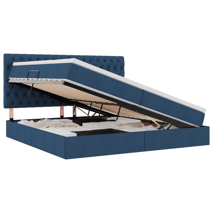 Pat cu saltea vidaXL, albastru, 200x200 cm, cu depozitare laterala si mecanism de ridicare hidraulica