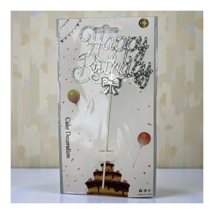 Topper " Happy Birthday " cu funda, Argintiu, Velve