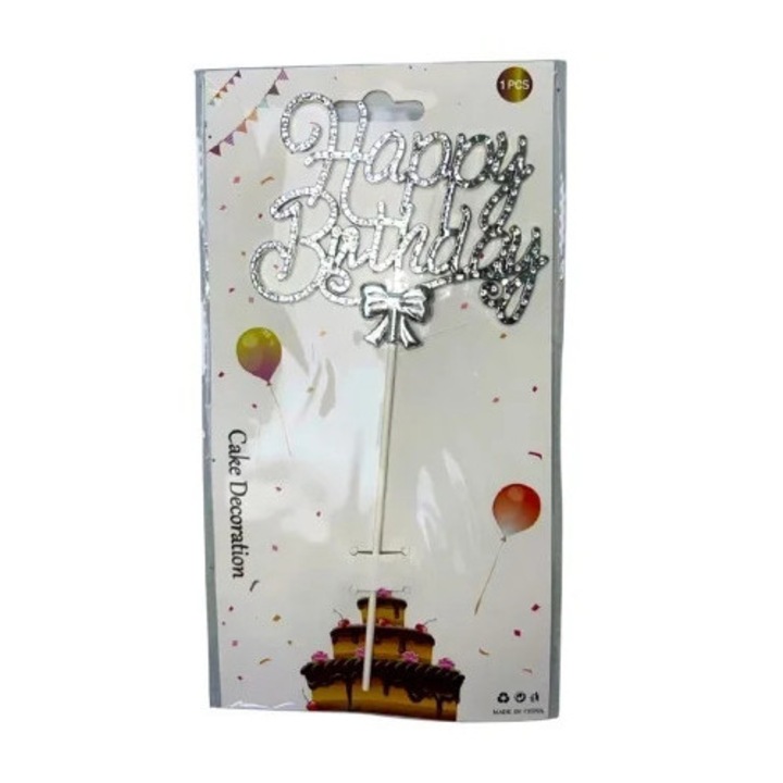 Topper " Happy Birthday " cu funda, Argintiu, Velve