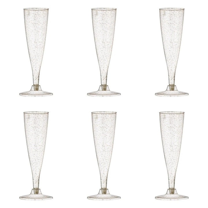 Újrafelhasználható átlátszó műanyag pohárkészlet arany csillámmal pezsgőhöz 130ml - 6db