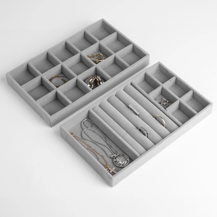 Set Suporturi Organizatoare Compartimentate Gri Suede pentru Bijuterii 21x12, 5cm - 2buc