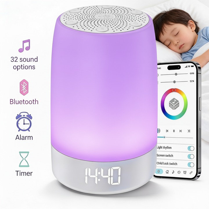 Dispozitiv smart cu sunete albe White Noise, 32 sunete HD, lampa de veghe RGB 8 culori, Akon® SleepLight Pro cu aplicatie mobil, ceas digital + alarma, timer, baterie 1500mAh, incarcare USB-C, pentru somn linistit bebelusi, copii si adulti
