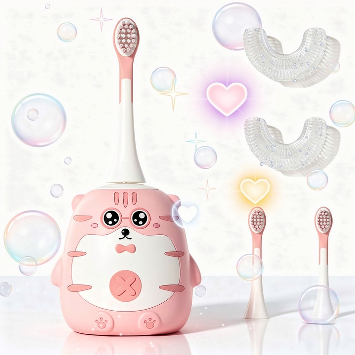 Periuta de dinti electrica sonica pentru copii AKON®, in forma de U (U-Shape) 360°, LED, 5 moduri inteligente, set 4 capete (2 U + 2 clasice), IPX7, incarcare USB, Roz