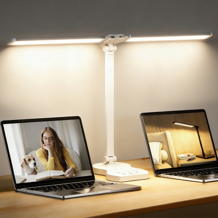 Lampa de Birou LED, BYONDSELF®, Cap Dublu de Lampa, 5V, 5 Moduri de Iluminare, 10 Nivele Intensitate, 3000K-6500K, Incarcare USB, Intrerupator Tactil, Temporizare/Memorie, Bara din Aluminiu, Alb
