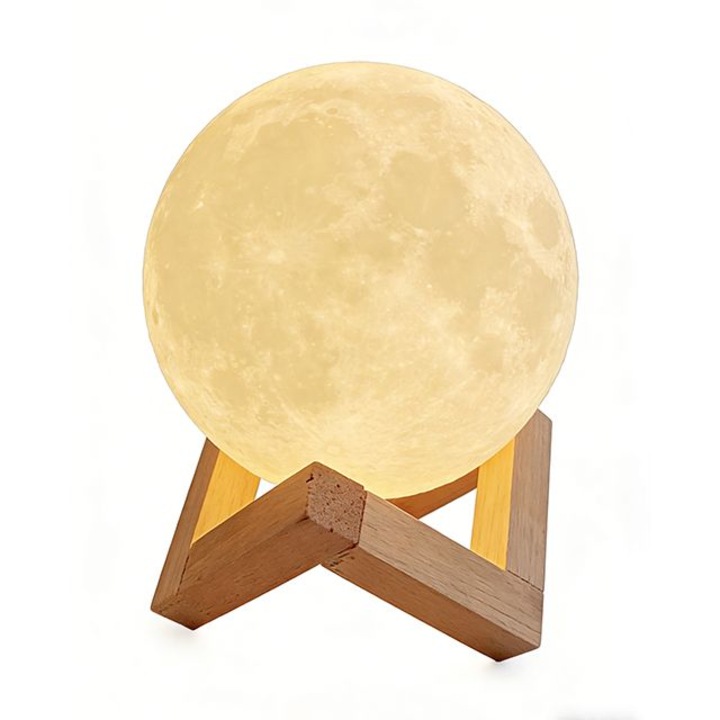 Lampă de veghe 3D în formă de lună, suport din lemn, 10 cm