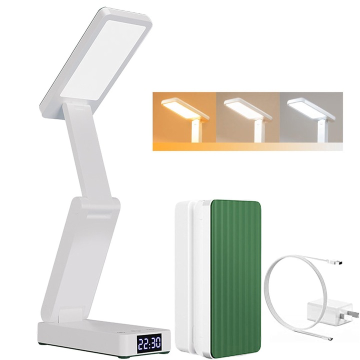 Lampa Portabila de Birou LED cu Ceas, Pliabila, AEWOYAD®, 3600mAh, 48 LED-uri, 3 Moduri de Iluminare, Reglabil si Flexibila, Incarcarea si Conectarea, Alb/Verde