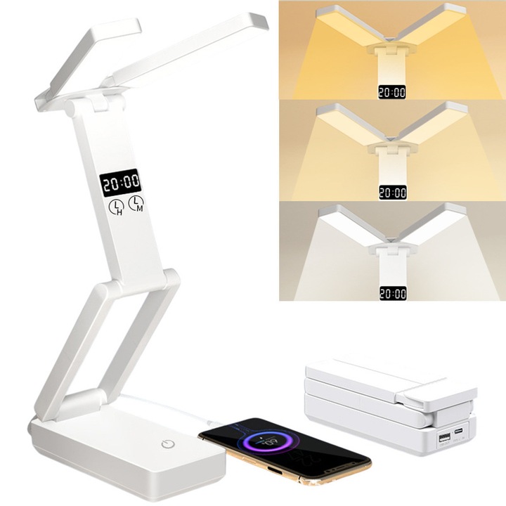 Lampa Portabila Multifunctional de Birou LED, Cu Functie Baterie Externa, AEWOYAD®, Pliabila, 5000mAh, 40 LED-uri, 3 Moduri de Iluminare, Reglabil si Flexibila, Incarcare USB, Alb