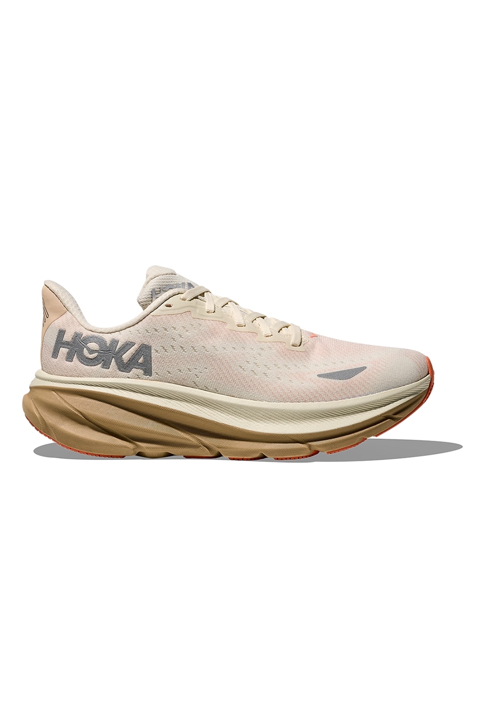 Hoka, Pantofi Clifton 9 GTX impermeabili cu aplicatie logo laterala, pentru alergare, Bej, 7