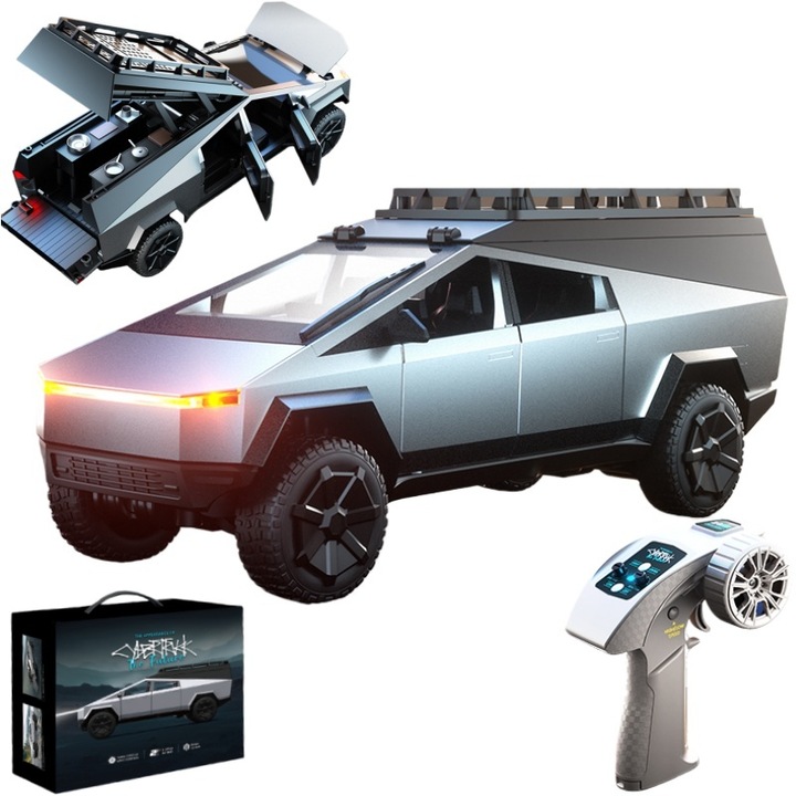 Fém RC autó, Tesla Cybertruck, Kempingsátor projekt, látványos világítással és valósághű belsővel, ötvözet karosszéria és rugós lengéscsillapítók, bármilyen terepre alkalmas, 2.4GHz távirányító, AjieQaQ®