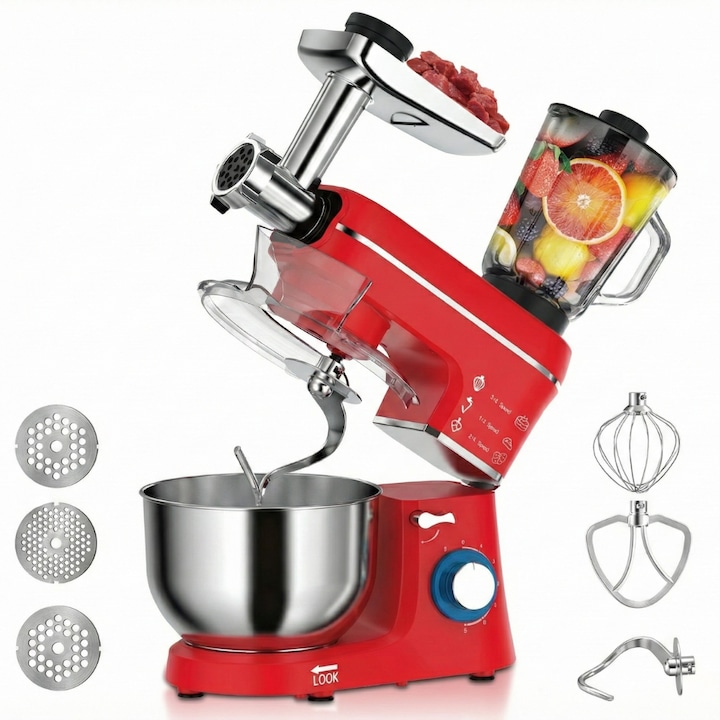 Robot de bucatarie 3 in 1, masina de tocat carne si blender, framanta aluatul, taoca si stoarce fructe, material otel inoxidabil, 5 trepte de viteza, bol inox 6L, Putere 1400W, accesorii incluse