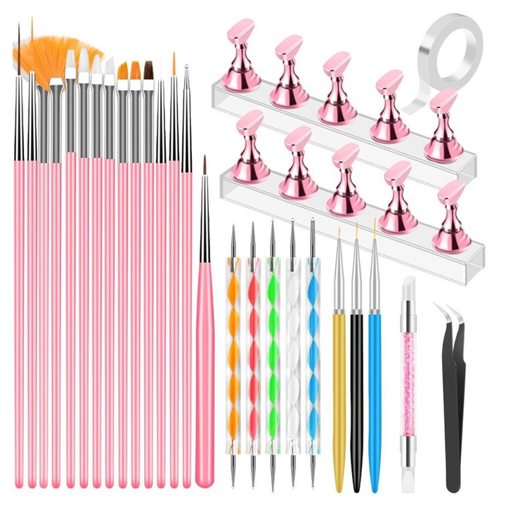 Set de Practica pentru Arta Unghii, LXNZUHN, 15 Pensule Profesionale, 5 Instrumente de Punctare, 3 Pensule Liner, 2 Suporturi Magnetice, Multicolor, 24x14x3cm
