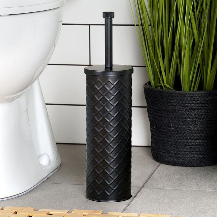 Силиконова Четка за Тоалетна с Метална Стойка, Vilde, 38 см, Матово Черна, Модерен Дизайн с Декоративен Контейнер, Хигиенична и Издръжлива Глава на Четката, Ергономична Дръжка, Елегантен и Практичен Аксесоар за Баня или Тоалетна, Ефективно Почистване