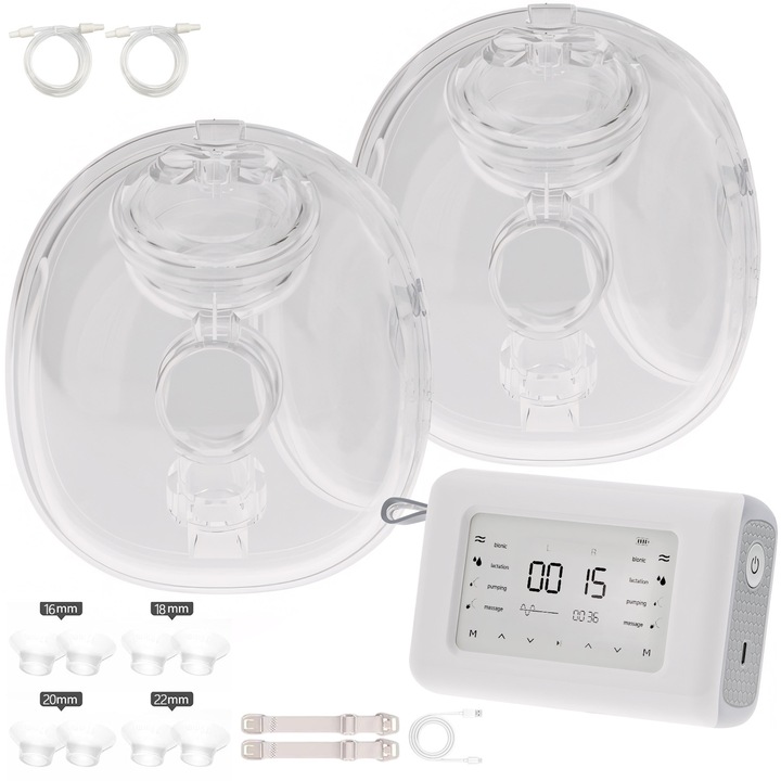 Pompa de San Electrica Dubla, BYONDSELF®, 4000mAh, Aspiratie Puternica 300 mmHg, Autonomie 3h+, Portabila, Fara Maini, 4 Moduri, 9/15 Nivele, 210ml*2, cu Flanse 16/18/20/22mm*2, Silicon, Alb