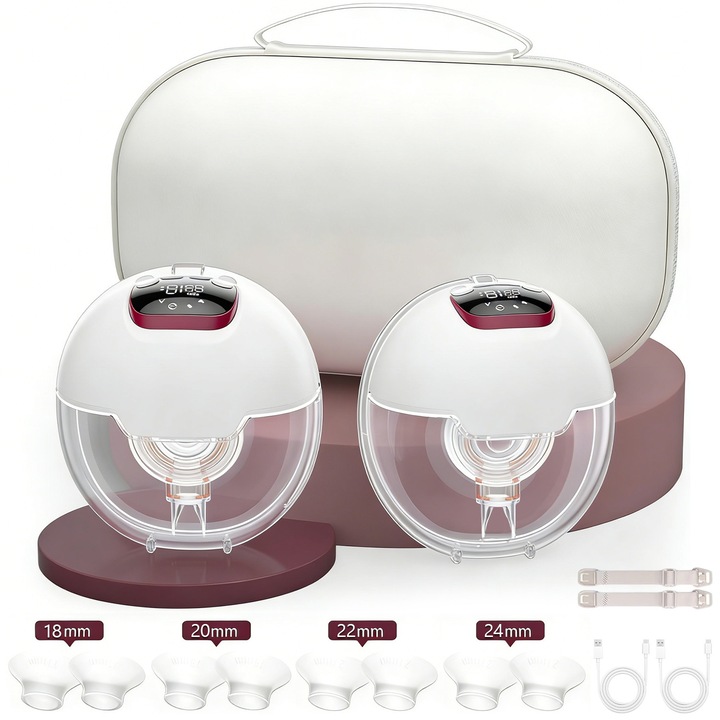 Pompa de San Electrica Dubla, BYONDSELF®, Portabila, Utilizare Fara Maini, 4 Moduri, 15 Nivele, 180ml*2, 1200mAh, Autonomie 2-2.5h, cu Flanse 18/20/22/24mm*2, Cutie de Depozitare, Silicon, Alb