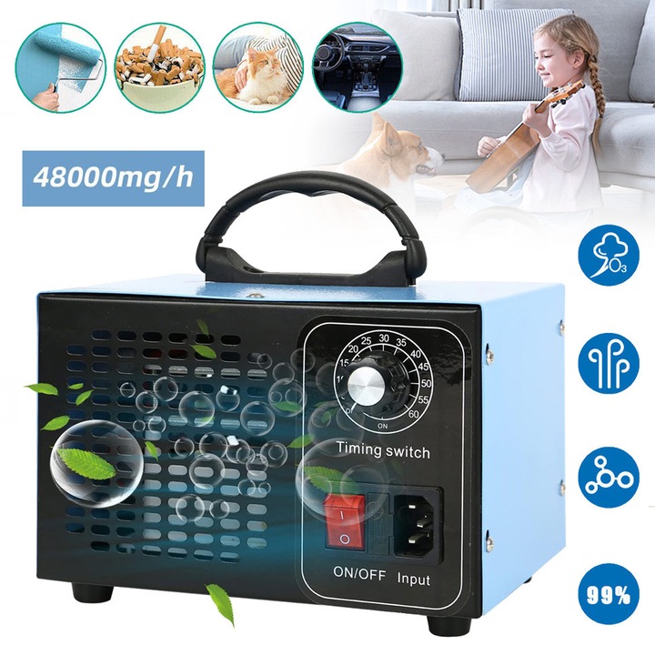 Generator de ozon 48000 mg/h, purificator de aer cu temporizator, negru, 100W