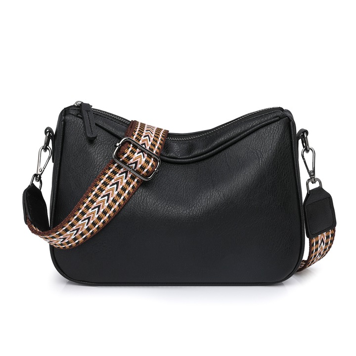 Női Crossbody Táska, Esther Beauty®, Ökológiai bőr, Állítható pánt, Vízálló, Könnyen tisztítható, Fém cipzárak, 26×17×8cm, Fekete
