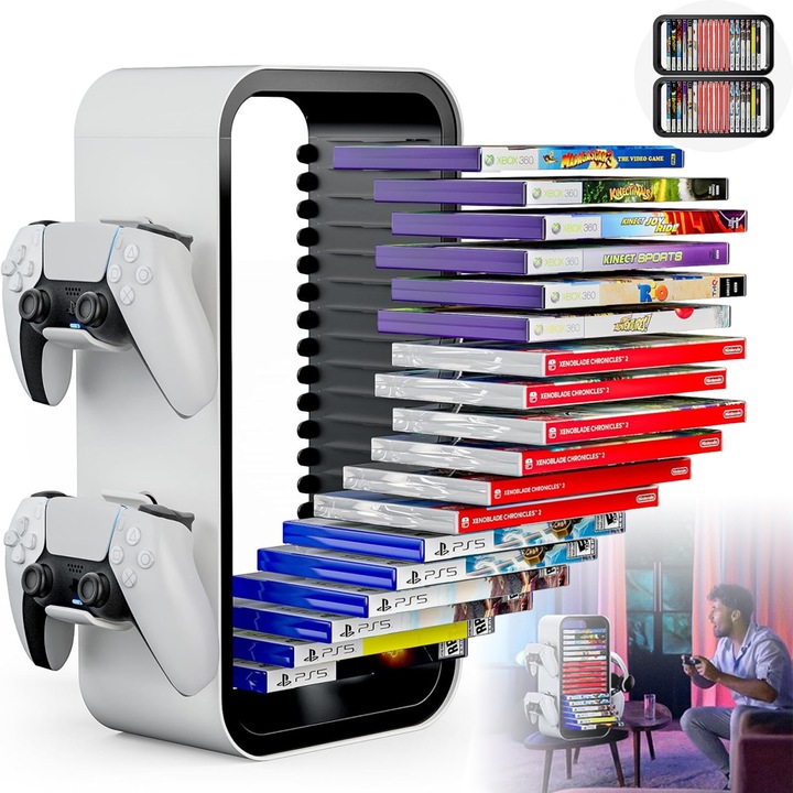 Organizator de jocuri video, Bedee, 18 sloturi pentru carduri de disc, suport pentru 4 controlere, Puternic si Durabil, Usor de asamblat, pentru Switch、PS4、PS5、Xbox One si Xbox Series X/S, ABS, Alb/Negru