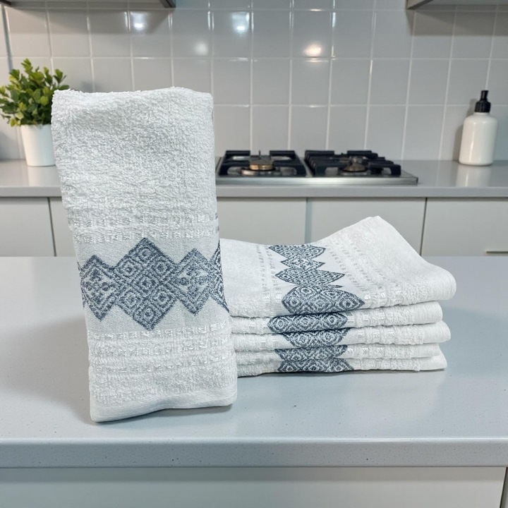 Set 20 Prosoape Bumbac, Albe, cu Model Gri Geometric, Moi si Absorbante, 30 x 70 cm