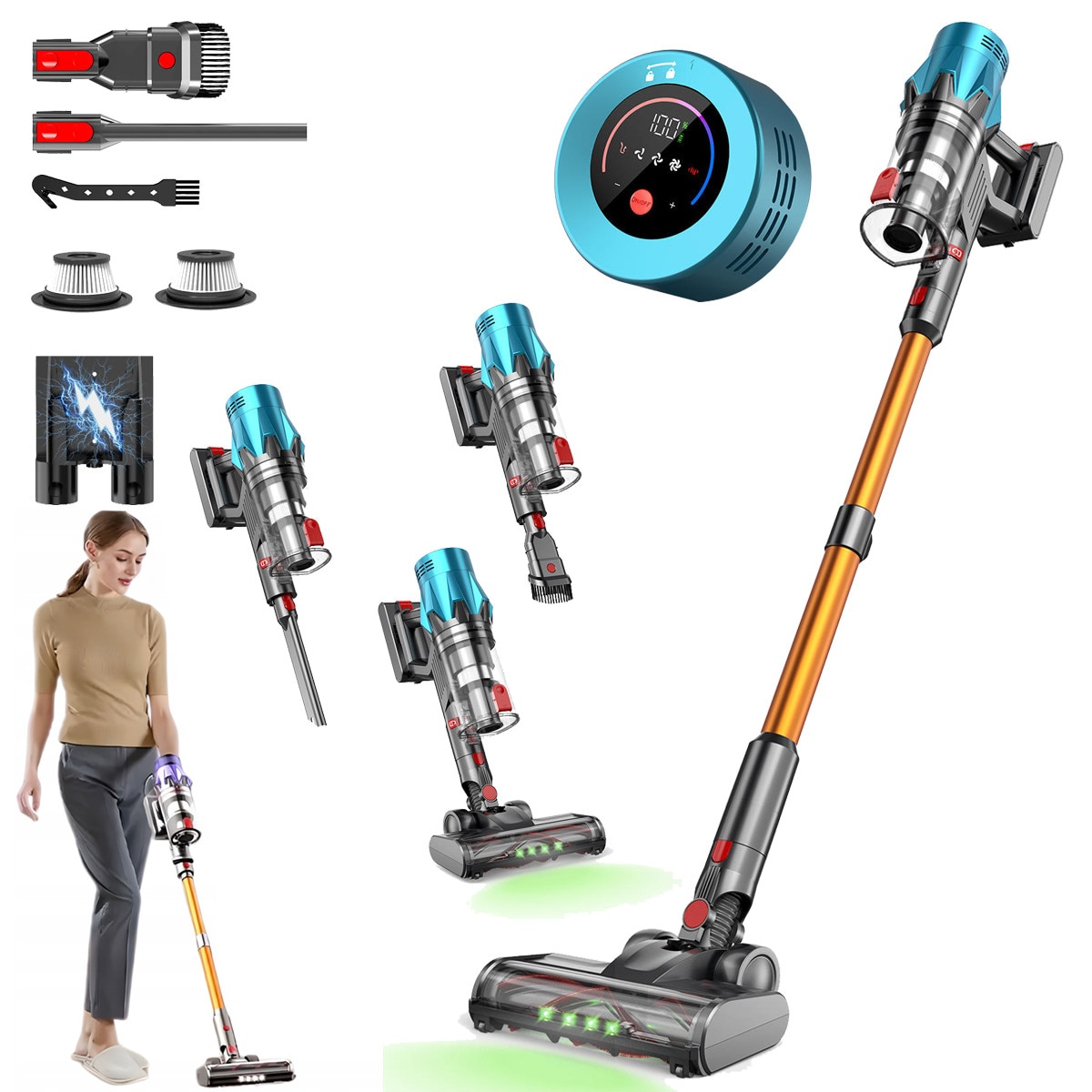 Aspirator Vertical Fără Fir YOUKUKE V18, 550W, 55Kpa, Ecran OLED Color, Autonomie 40 minute, Montare pe Perete, Alb