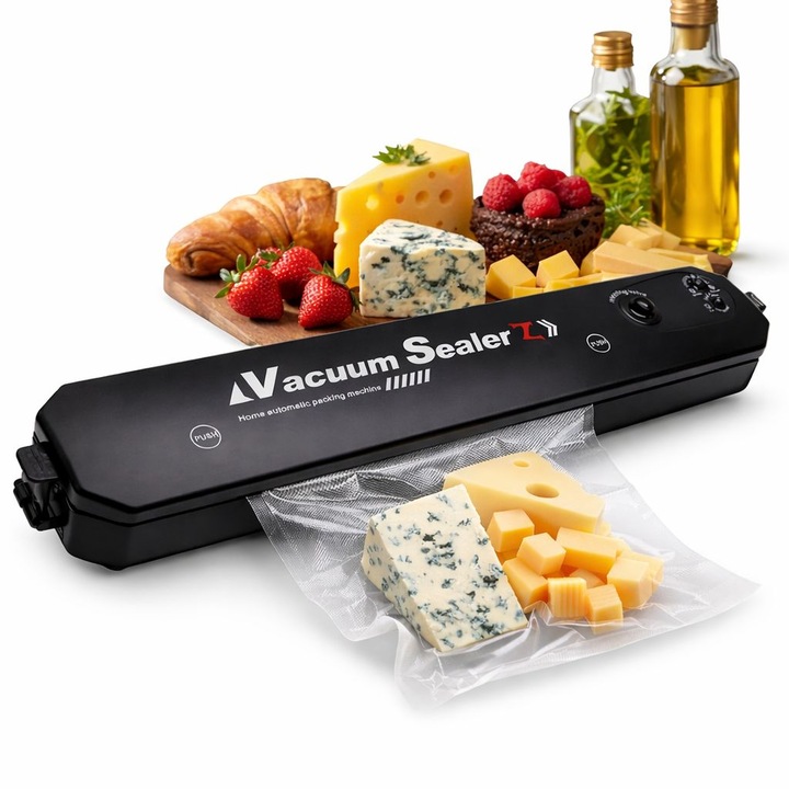 Set aparat de vidat cu vacuum, 2 role pungi 500x15cm, negru