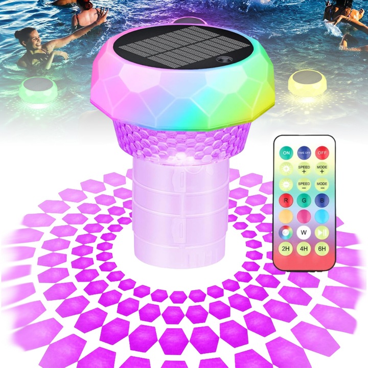 Lumini LED pentru piscina, Bedee, Dispenser chimic plutitor pentru piscina, Solar, Rezistenta la apa IP68, Lumina ambientala 8 culori, 4 moduri iluminare, cu telecomanda, pentru piscina, jacuzzi, fantana, iaz, Alb