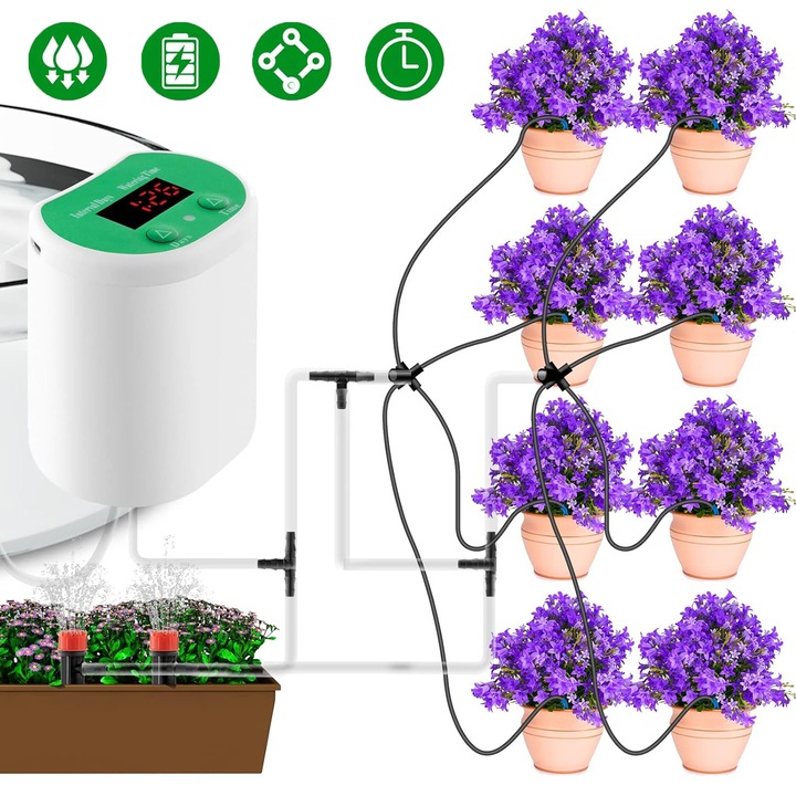 Sistem de irigare automat, Bedee, Kit de irigare prin picurare, Dozator pentru sistem de udare a plantelor cu temporizator, Incarcare USB, ecran LED, Set masina de irigat, Interior/Exterior, Dispozitiv inteligent pentru ghivece si flori, Alb