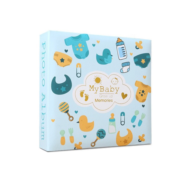 Album de amintiri pentru bebelusi, 200 poze, albastru, 22,5x22x5,5cm, Modele dragute
