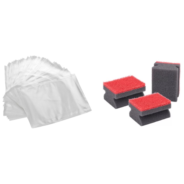 Pachet promo: Set 100 pungi gofrate pentru aparate de vidat alimente, ReThinq, Universale, Rezistente, 15x20cm, Transparente + Set 3 bureti de curatat, universali, Dirt Devil, 95x65x43mm, rosu/gri