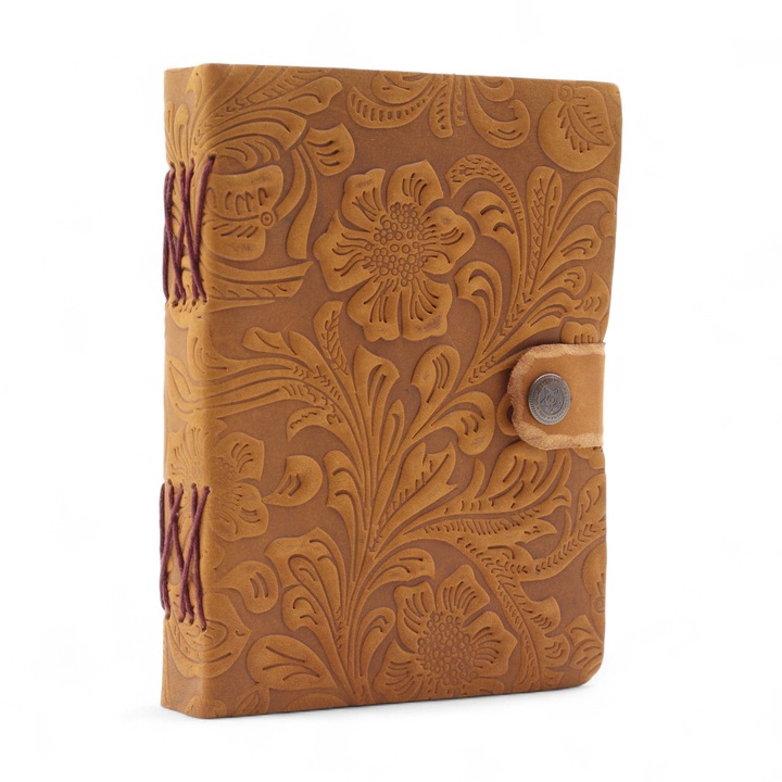 Agenda din Piele Embosata de 200 pagini (18x13 cm) – Model Floral Bej / Carnet Creativ pentru Notite, Inspiratie si Reflectie / Jurnal pentru Creativitate si Idei