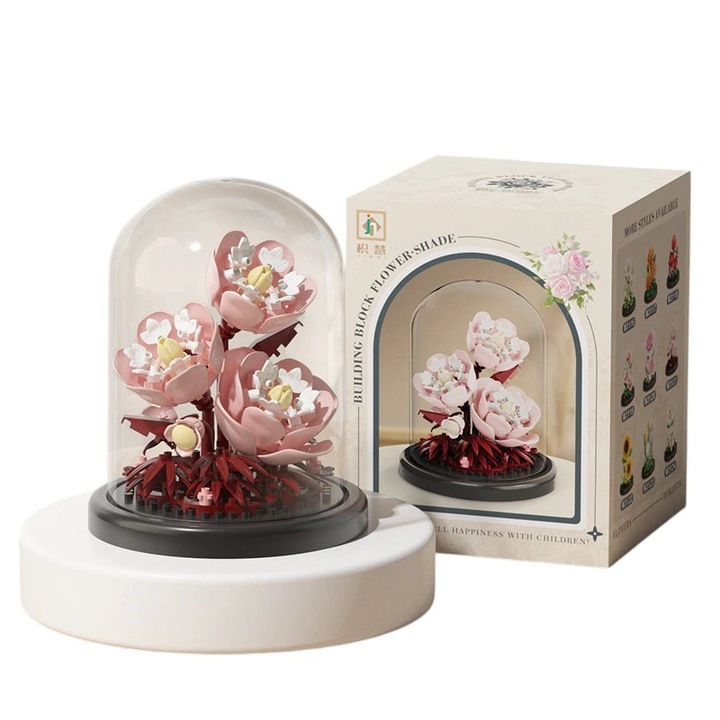 Set de blocuri de constructie in miniatura Bonsai Flower Pion – Asamblabile, buc®, cu capac rezistent la praf, flori pentru blocuri de constructie, cadou creativ de Valentine's Day pentru ea, decor interior durabil