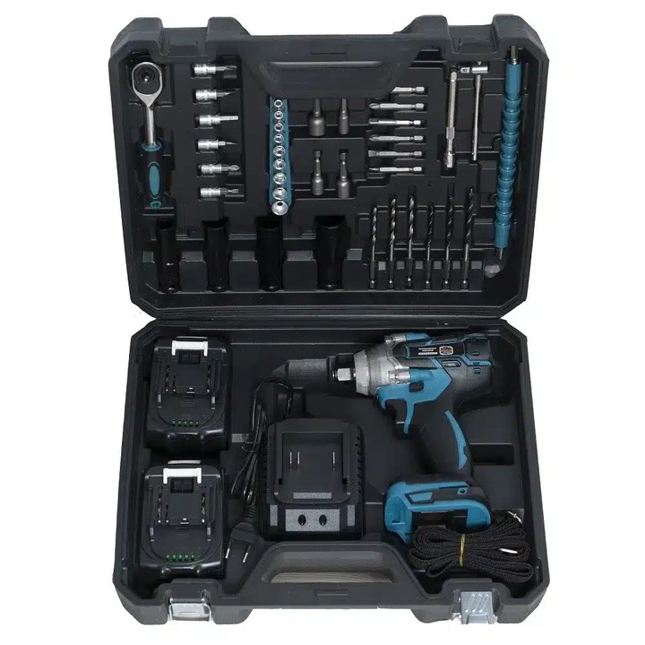 Masina de Insurubat cu Impact Tea Sports, 850Nm, 24V, 5Ah, 40 accesorii, 2 acumulatori, Albastru, 18x8.5x20.5cm