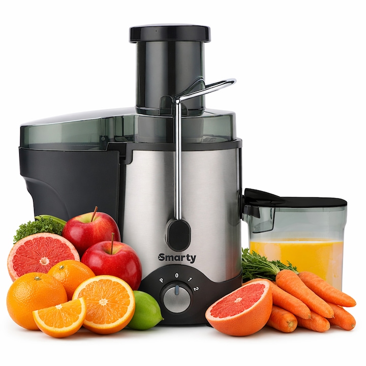 Storcator de fructe si legume Smarty® Vita Fresh, 400 W, recipient suc 600 ml, recipient pulpa 1000 ml, 2 viteze, tub mare de alimentare 70 mm, pastreaza vitaminele si mineralele, negru/ argintiu