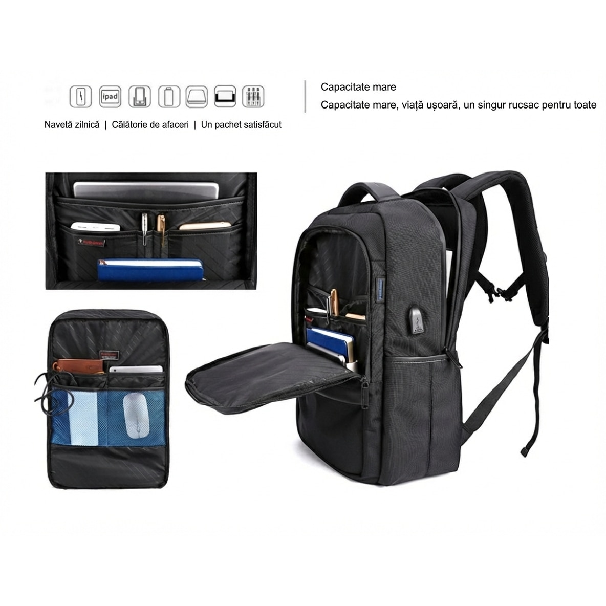 Rucsac laptop Bestbag 17 "3", impermeabil, cu USB, compartimente multiple, gri