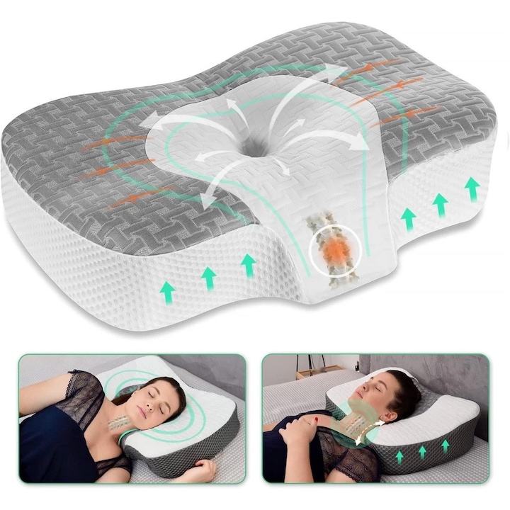 Perna De Dormit ORTOSAN®, Perna Ortopedica Cervicala Duo, Din Spuma Cu Memorie, Doua Inaltimi Reglabile, Design Ergonomic, Fermitate Normala, Alb/Gri