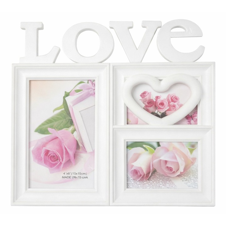 Rama foto decorativa Generic, plastic, alb, 3 fotografii 10x15cm, inscriptie LOVE, forma de inima