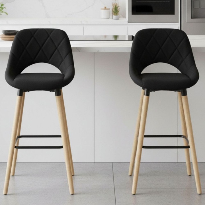 Set 2 x Scaun de Bar Inalt KD Home® BarLuxe Nova, Picioare din Lemn, Rotund, Tapitat, Intaritura Metalica, 47 x 47 x 70 cm, Lemn/Textil, Burete, Negru