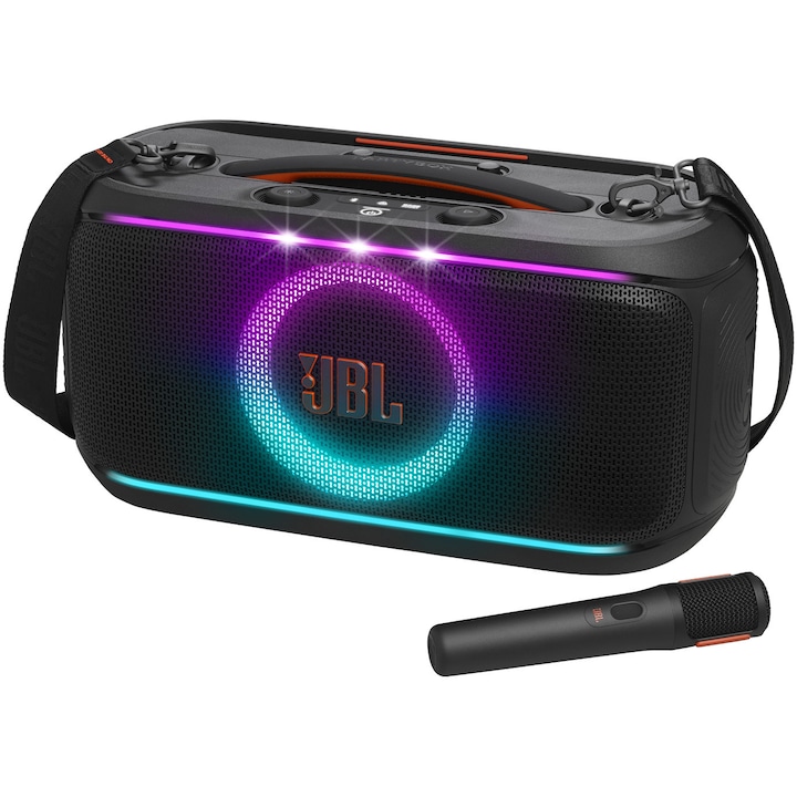 Преносима аудио система JBL Partybox On-The-Go 2, 100 W RMS, Bluetooth 5.4, Auracast, Включен безжичен микрофон, Автономност 15 часа, Черен