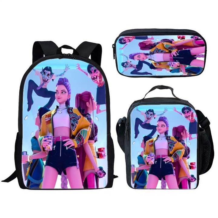 Iskolatáska HUNTRIX, 3 részes szett, 16 hüvelykes hátizsák, szigetelt uzsonnás táska, tolltartó, többszínű, 40x30x15cm