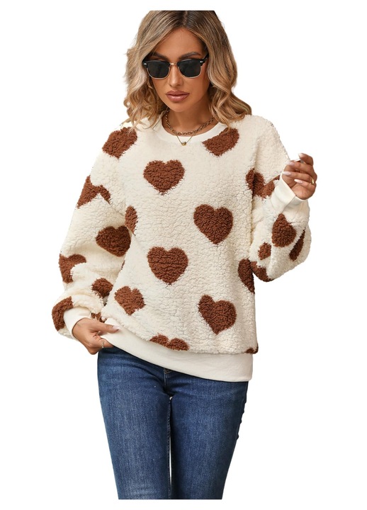 Hanorac dama, kaki, imprimeu 3D inima de plus, croiala lejera, guler rotund, material din amestec de bumbac, L INTL
