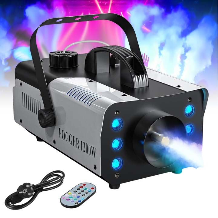 Masina de fum, Bedee, 1200W, Lumini RGB, Portabil, cu telecomanda, Efect de scena, Exterior si interior, Buton de declansare a jetului de fum, Echipament de pulverizare, pentru nunti, petreceri, Halloween, Craciun, discoteca, Argintiu/Negru