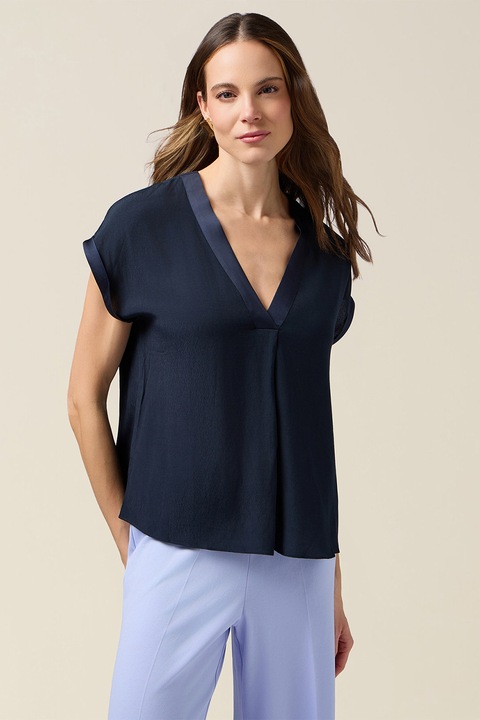 Oltre, Bluza cu decolteu in V si model uni, Albastru ultramarin/Albastru